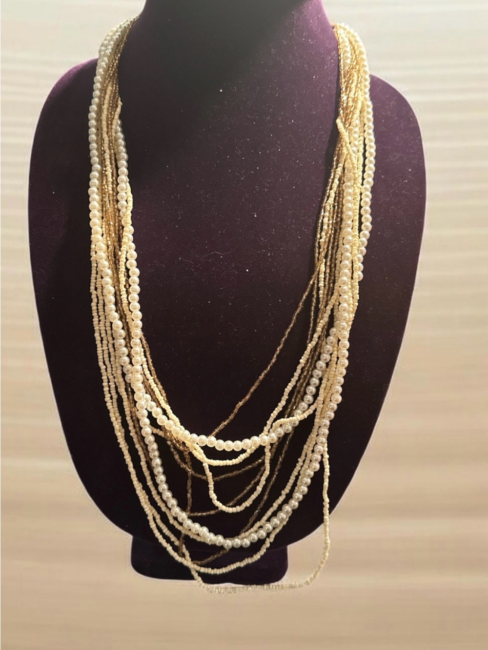 Multi-Strand Pearl and Bead Necklace in Cream and Gold
708